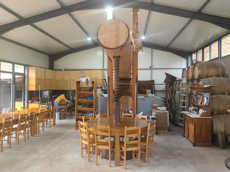 The tasting centre is crowned by a large olive press