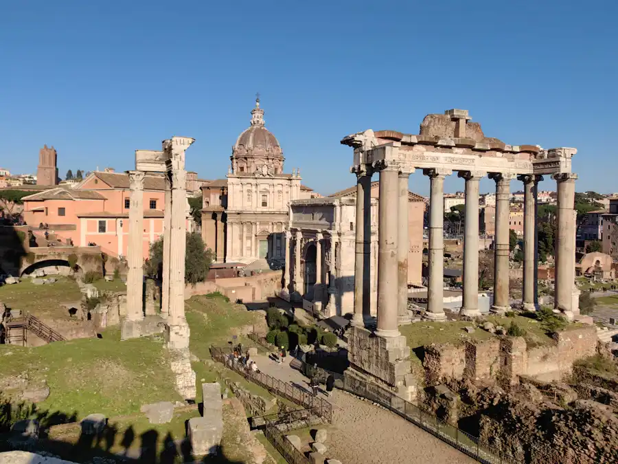 Forum Romanum from the Capitol. View of the remains of the Temple of Saturn and the Temple of Castor and Pollux.