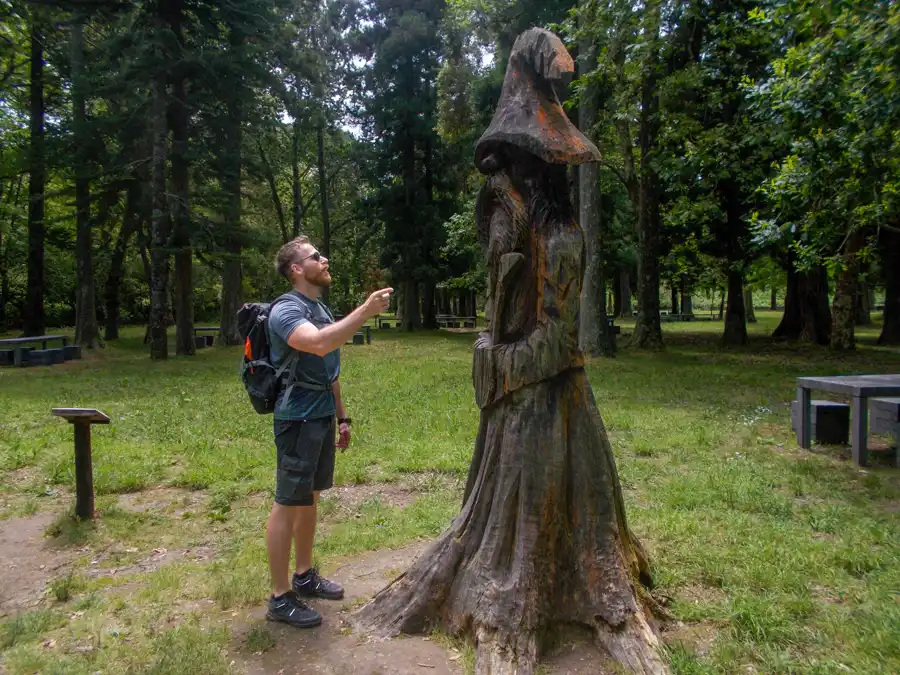 Wooden sculptures from old trees around the lake