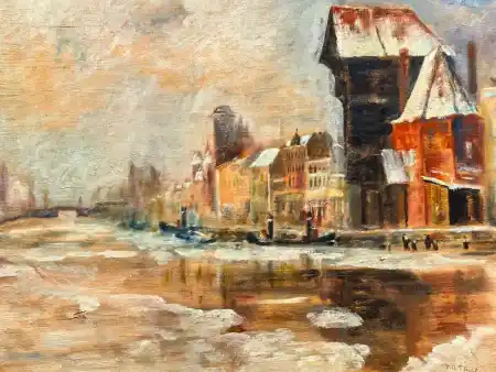 Historical crane symbol of the town on a period painting